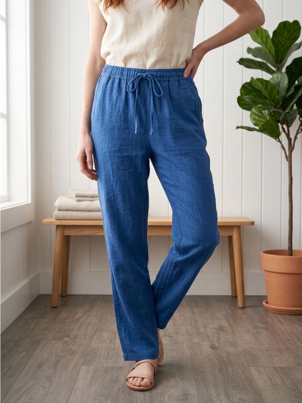 Zenana Outfitters Relaxed Drawstring Straight-Leg Pants in Blue